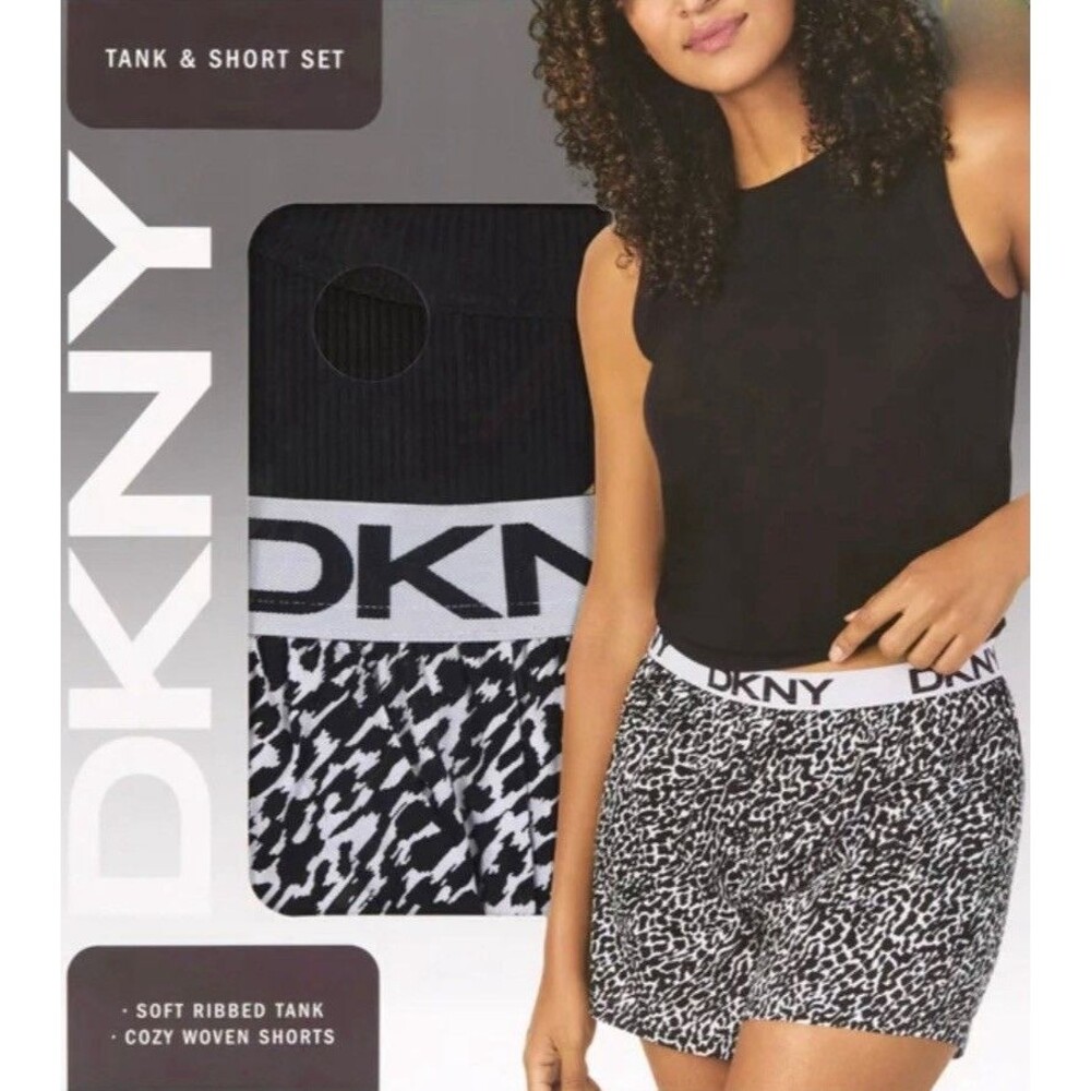 DKNY  Women’s Lounge Sleep Set L - Black Ribbed Tank & Animal Print Shorts